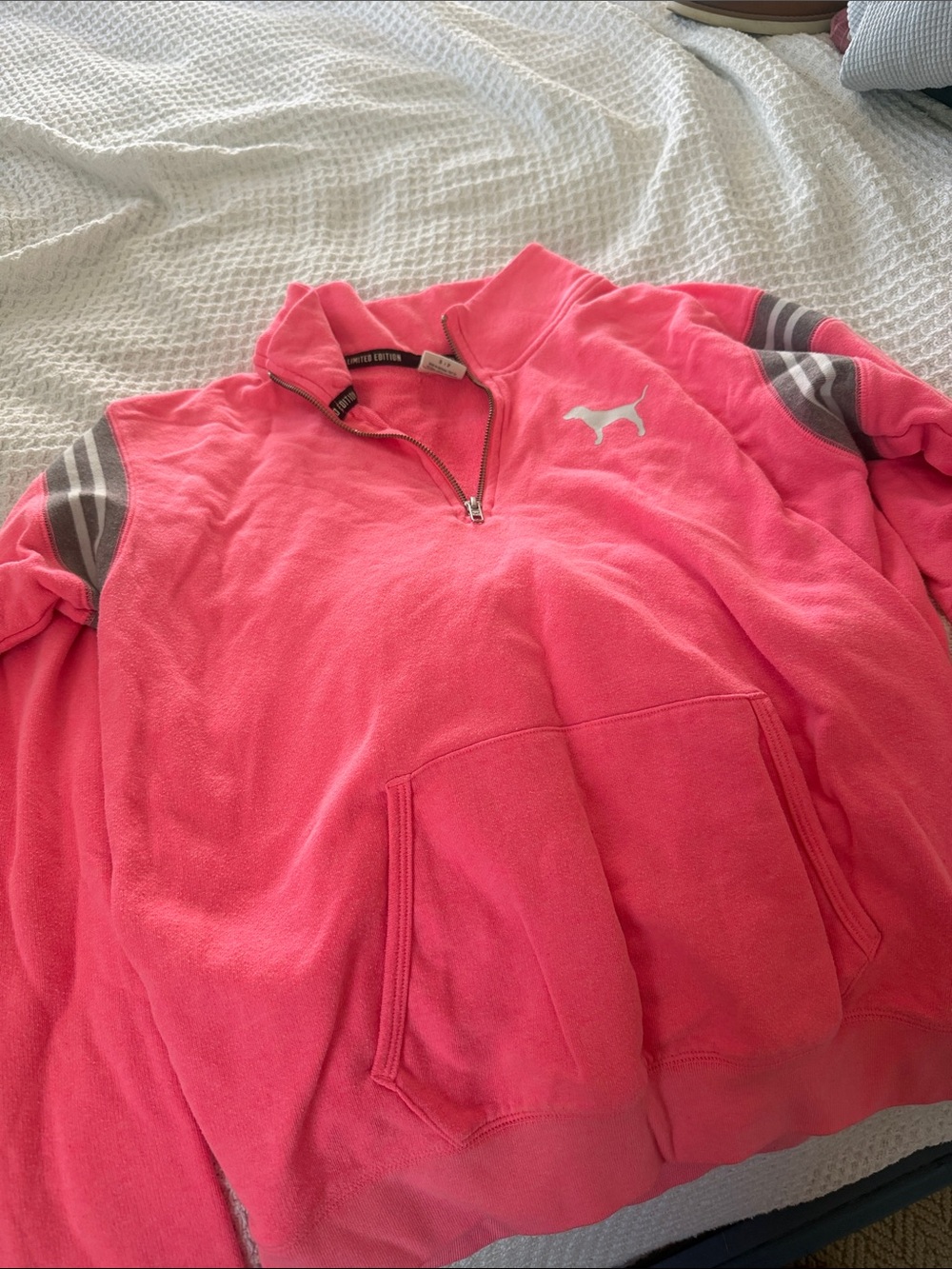 Victoria Secret Pink  Hot Pink Quarter-Zip Pullover with Gray Stripe Accents